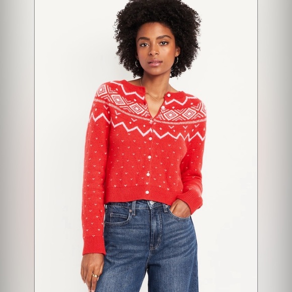 Old Navy Sosoft Cropped Fair Isle Cardigan Sweater Cozy Cabin NWT Holidays - Picture 4 of 6